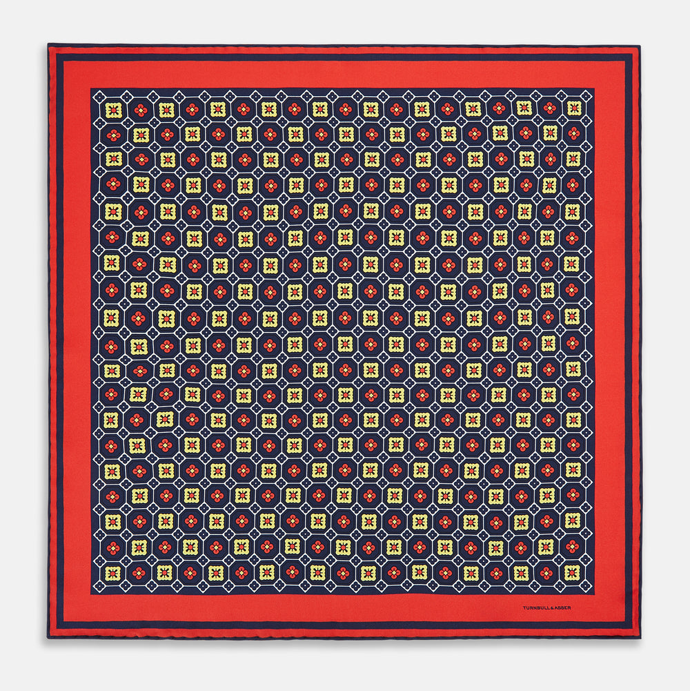 Dark Navy Floral Tile Silk Pocket Square