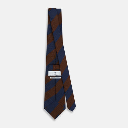 Brown and Navy Block Stripe Silk Tie Image 3