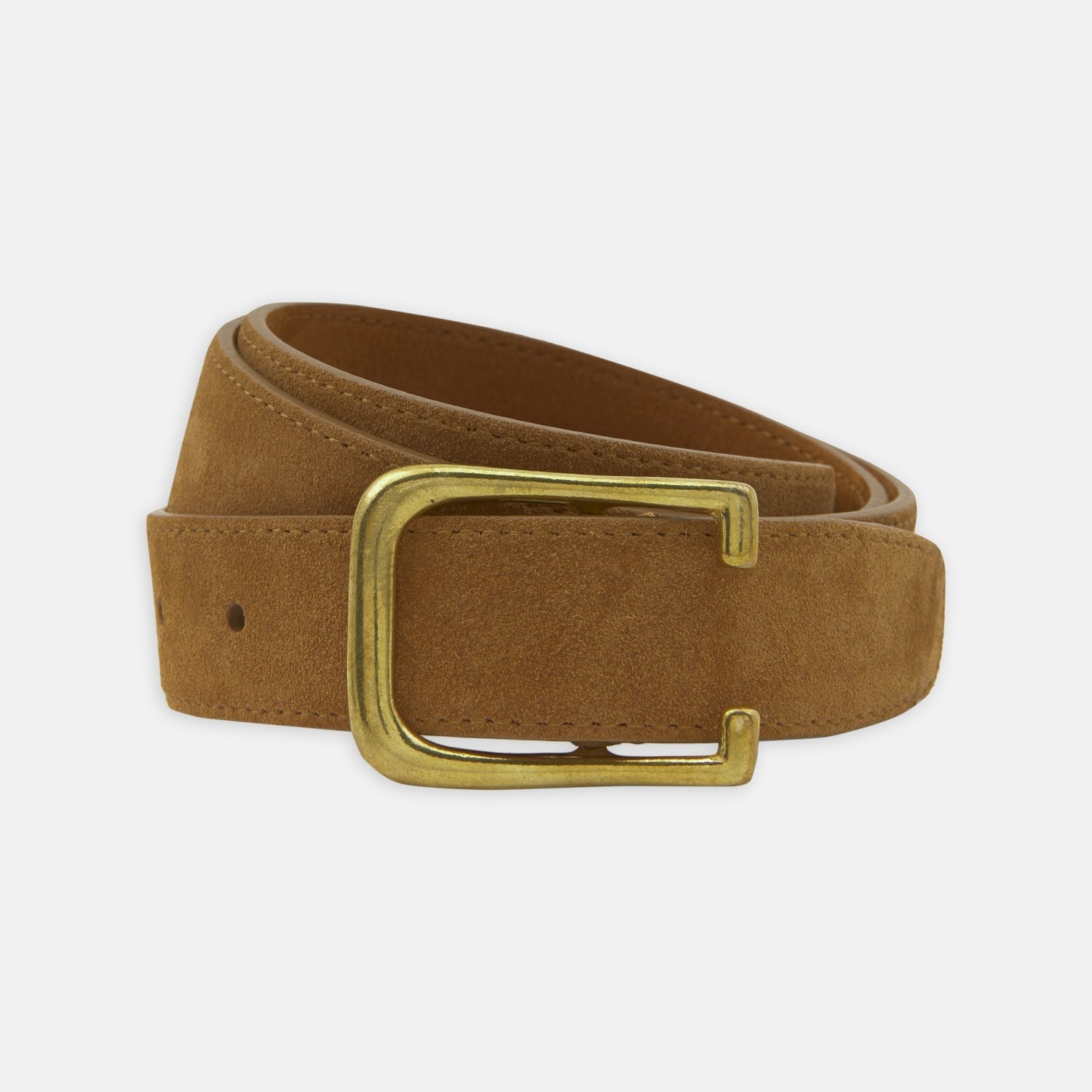 View 1 of product The Turnbull & Asser Brown Suede Leather Belt, featuring a rectangular gold buckle and shown partially rolled on a white background, is a versatile accessory for any casual outfit.