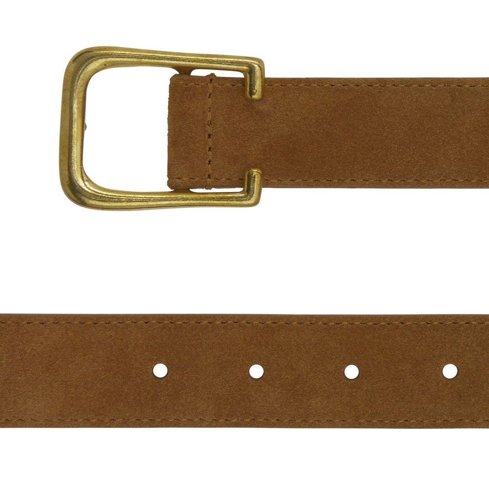 The Turnbull & Asser Brown Suede Leather Belt, featuring a rectangular gold buckle and shown partially rolled on a white background, is a versatile accessory for any casual outfit.