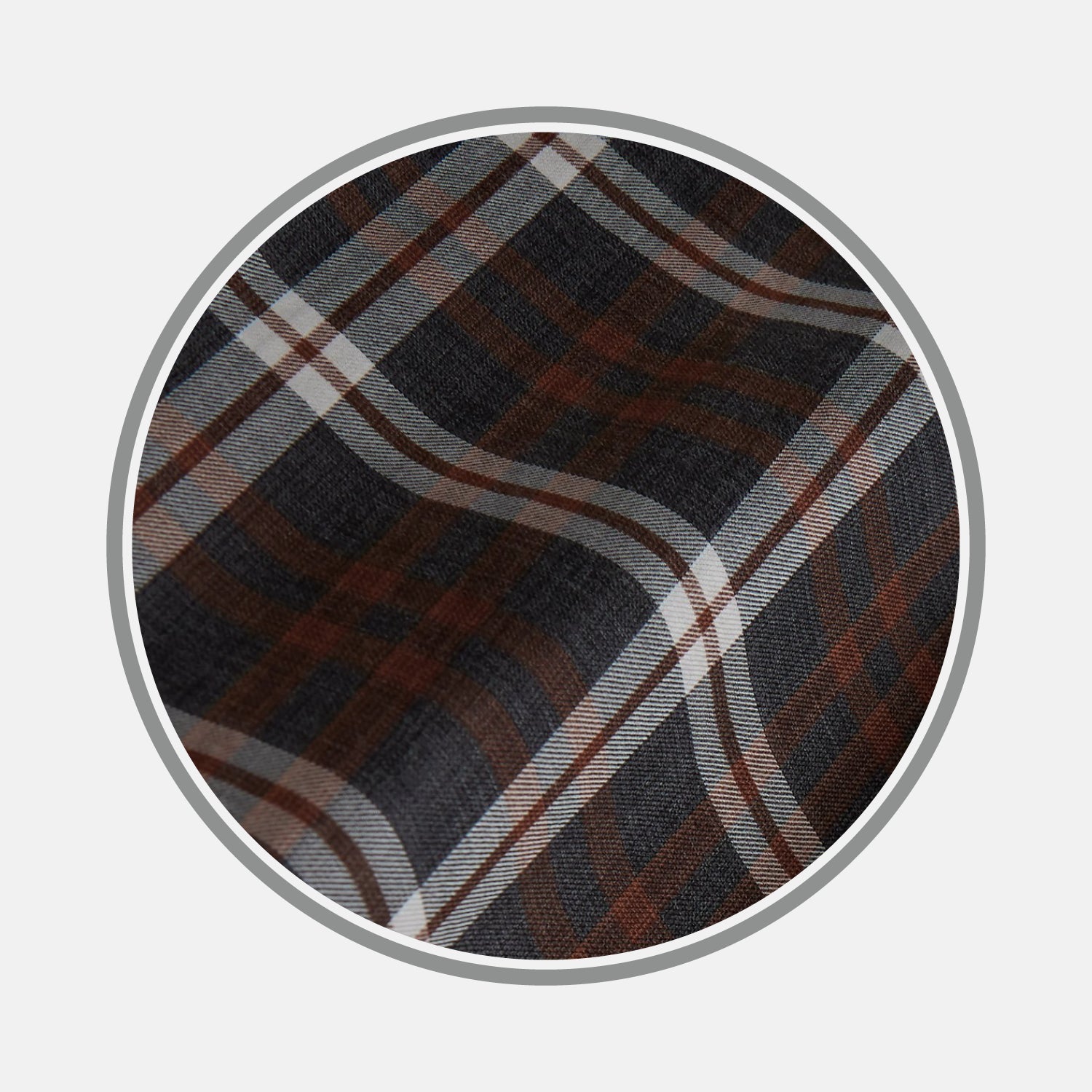 View 1 of product Close-up of Turnbull & Asser BESPOKE FABRIC 1158 34, featuring a dark brown, black, and gray plaid pattern—ideal for a custom shirt—shown within a circular frame on a light gray background.