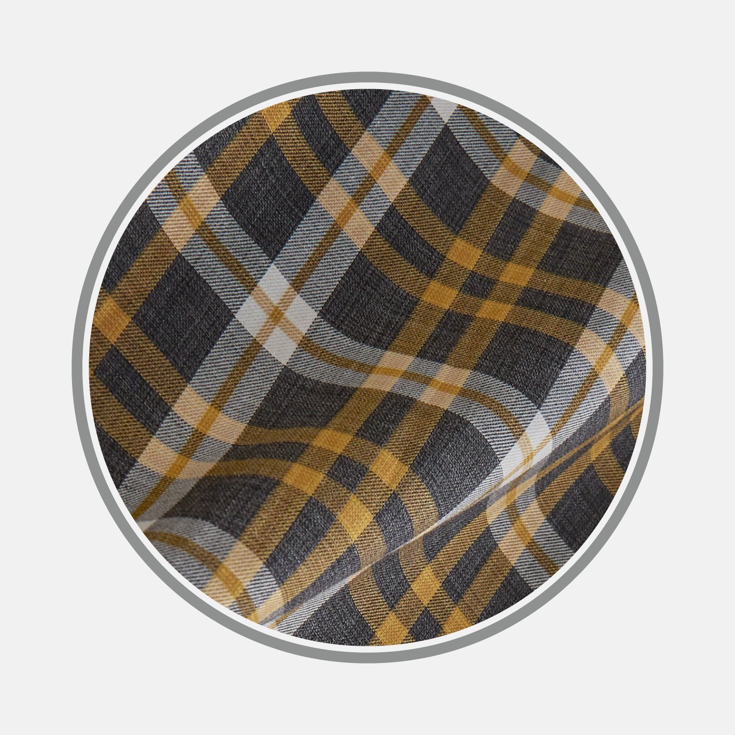 View 1 of product Close-up of BESPOKE FABRIC 1158 35 by Turnbull & Asser, showcasing a black, yellow, and white plaid pattern in a circular frame on light gray—perfect for crafting custom shirts or adding classic monogram flair.