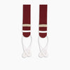 View 3 of product A pair of Turnbull & Asser Bordeaux Adjustable Felt Braces, featuring white leather ends and gold metal adjusters, made in England, are displayed vertically on a plain white background.