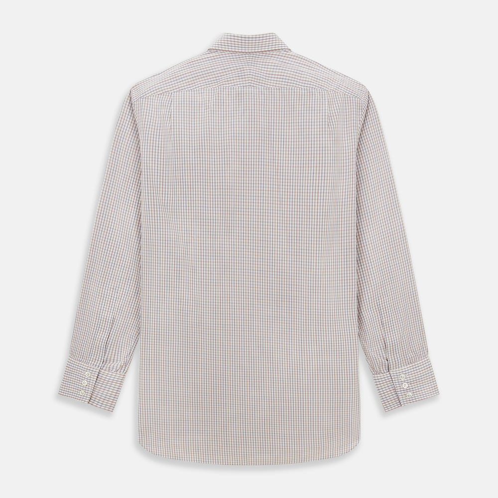 The Turnbull & Asser Multicoloured Check Mayfair Shirt is a long-sleeve, button-up shirt with a classic collar and buttoned cuffs, showcasing a true British checkered pattern on a white background.