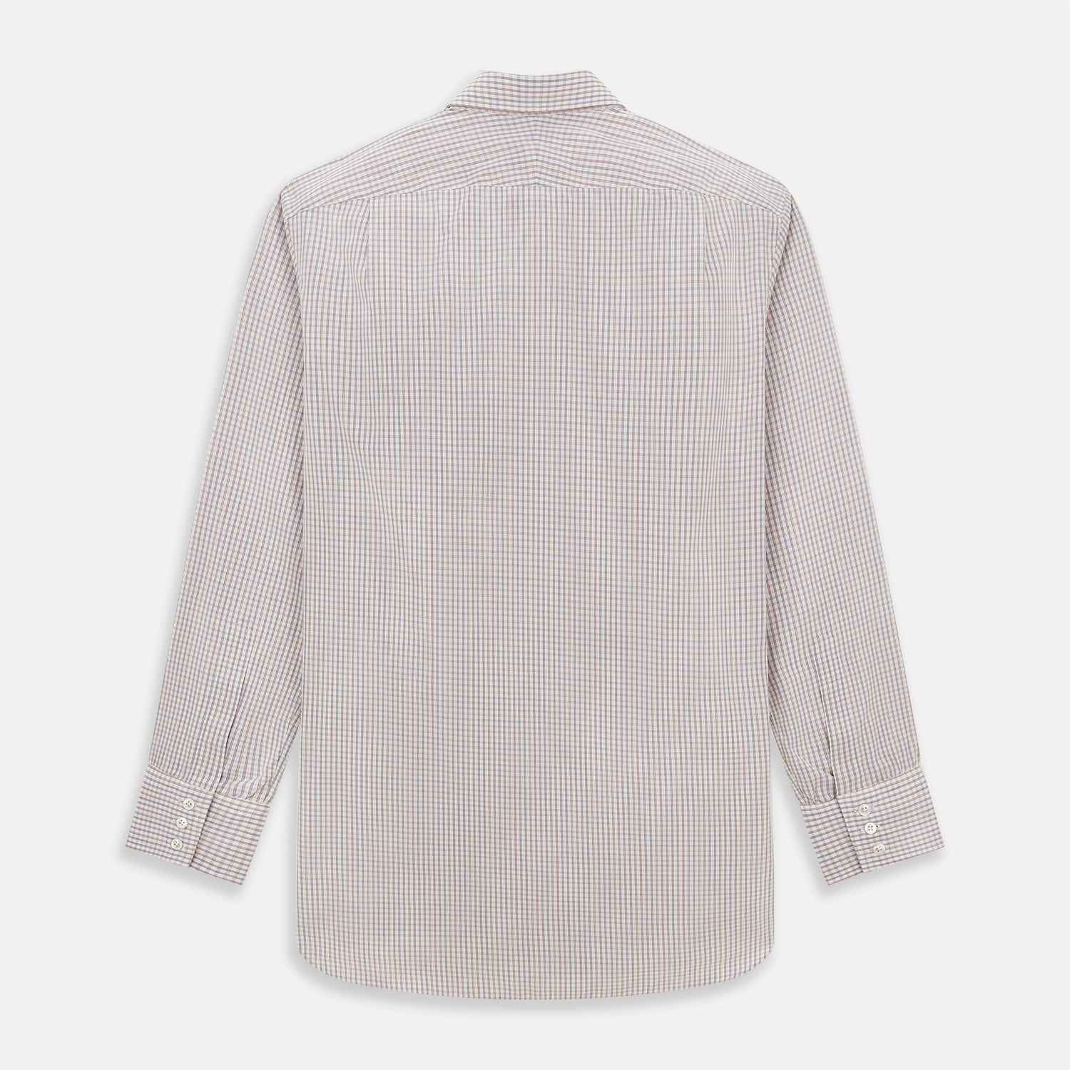 View 3 of product The Turnbull & Asser Multicoloured Check Mayfair Shirt is a long-sleeve, button-up shirt with a classic collar and buttoned cuffs, showcasing a true British checkered pattern on a white background.