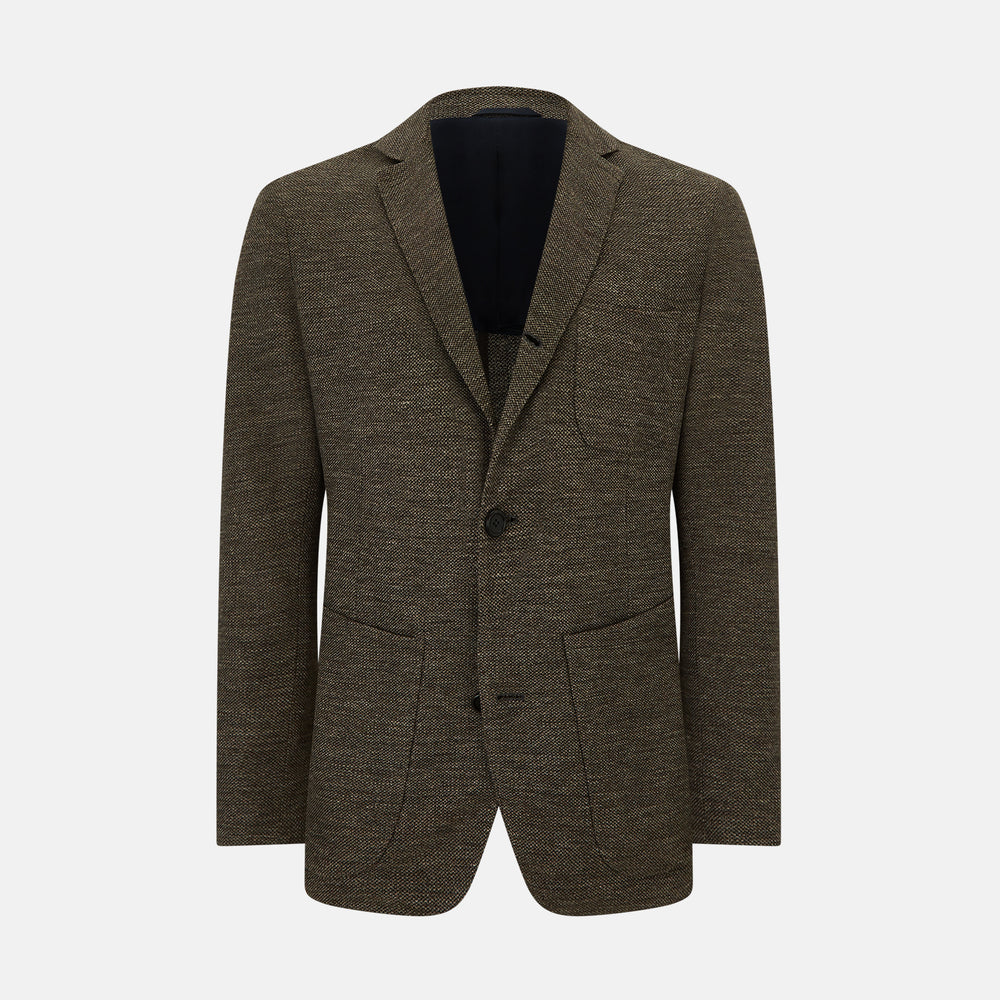 The Turnbull & Asser Pine Cone Linen Blend Cambridge blazer features a textured brown finish, notched lapel, two buttons, patch and chest pockets—showcasing classic British tailoring against a plain white background.
