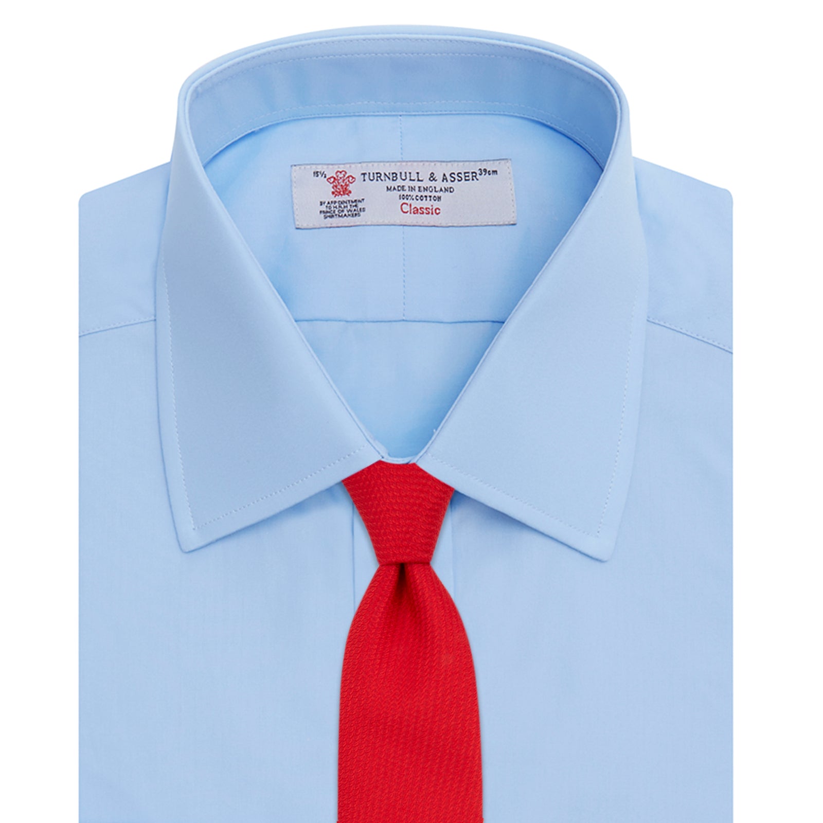 View 4 of product A Light Blue Cotton Shirt with a T&A collar and 3-button cuffs by Turnbull & Asser is displayed on a plain white background, ideal for pairing with a navy suit.