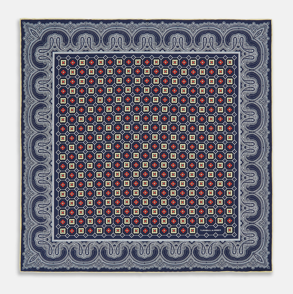 Dark Navy Floral Tile and Paisley Silk Pocket Square
