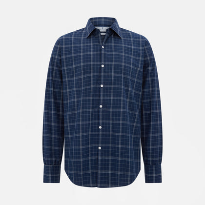 Indigo and White Thin Plaid Check Windsor Shirt