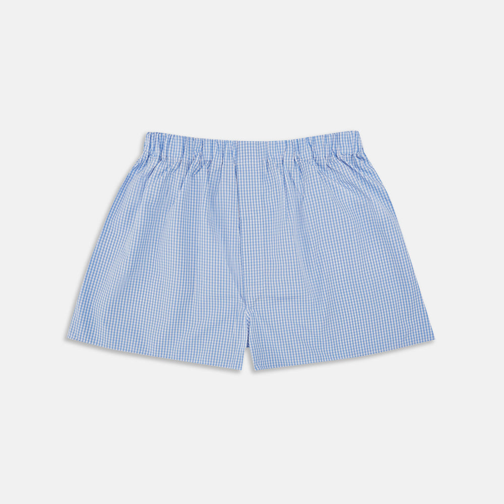 Turnbull & Asser Light Blue Gingham Cotton Boxer Shorts for men feature an elastic waistband and are displayed on a plain white background. Perfect everyday underwear for comfort.