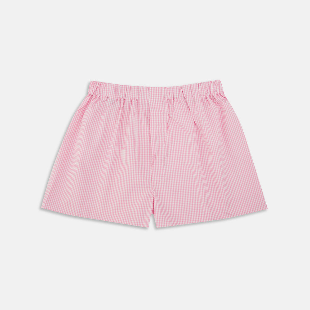Turnbull & Asser Pink Gingham Cotton Boxer Shorts, featuring an elastic waistband, are displayed flat on a white background.