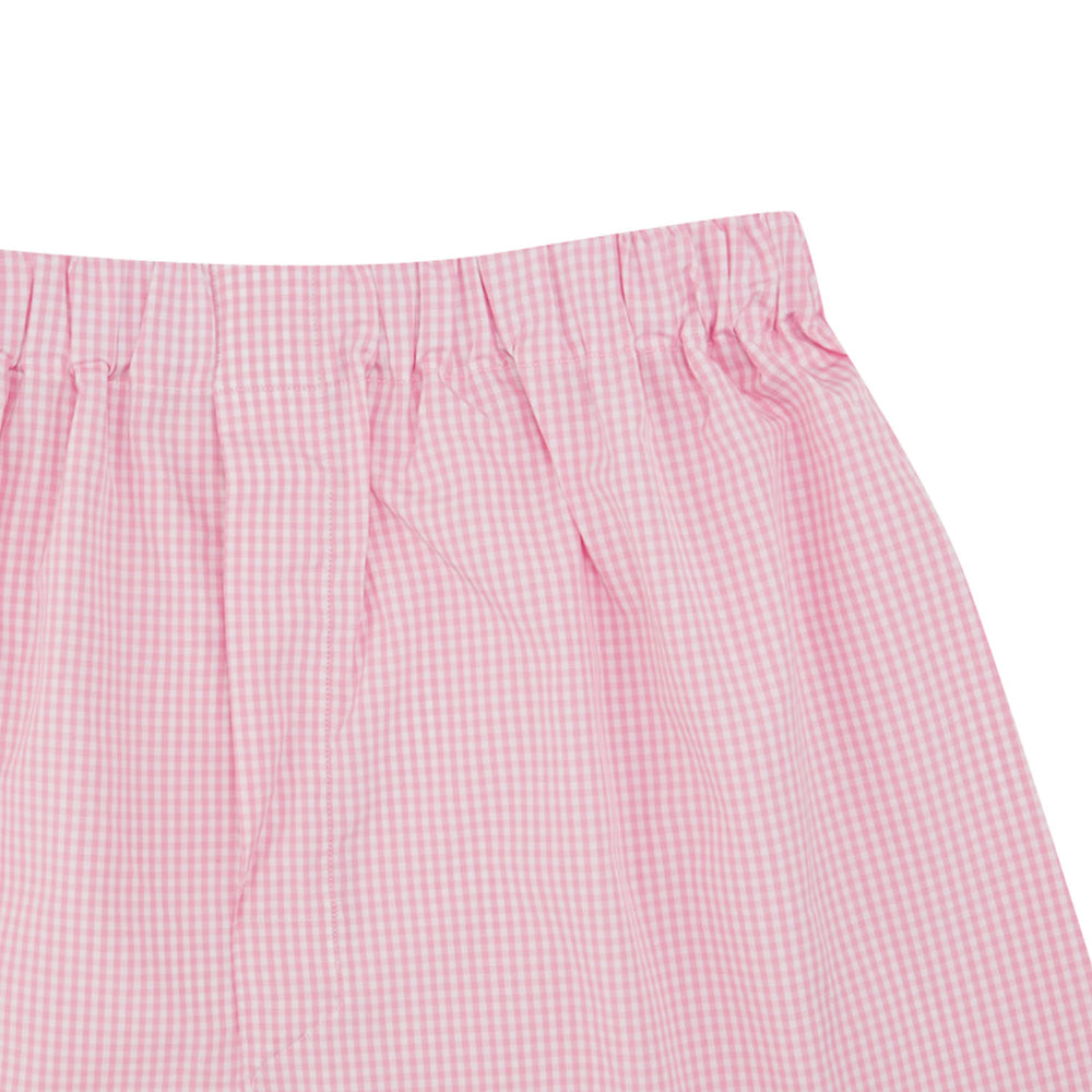 Turnbull & Asser Pink Gingham Cotton Boxer Shorts, featuring an elastic waistband, are displayed flat on a white background.