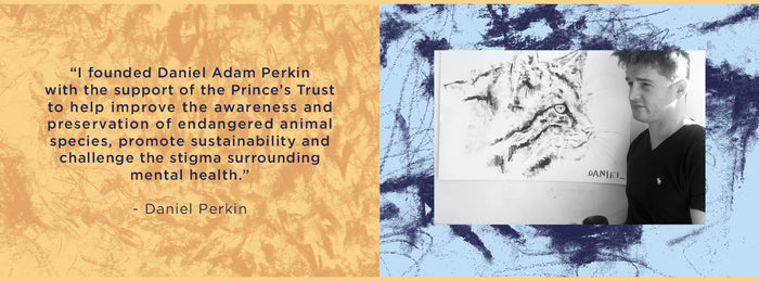 Split image: left side features a quote from Daniel Perkin about founding his initiative for animal conservation and mental health. Right side shows Daniel Perkin standing next to a tiger drawing signed Daniel.