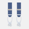 View 1 of product Turnbull & Asser Blue Adjustable Felt Braces with silver clasps and white leather ends, ideal for smart occasions, are shown side by side against a plain white background.