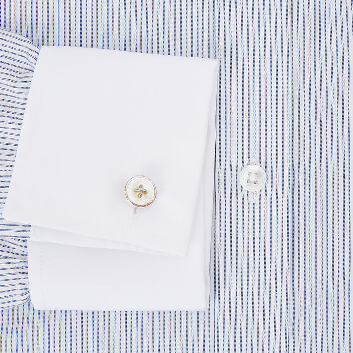 Navy and Blue Ticking Stripe Shirt with Contrast Collar and Double Cuffs Image 3