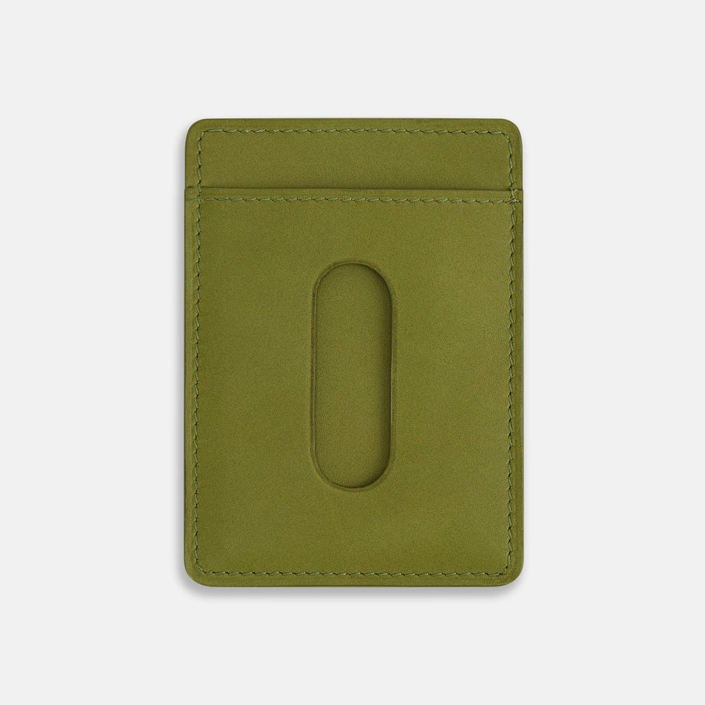 Moss Green Two-slot Card Case by Turnbull & Asser, crafted from Italian leather with neatly stitched edges and the brand name in white at the bottom center, displayed on a plain white background.