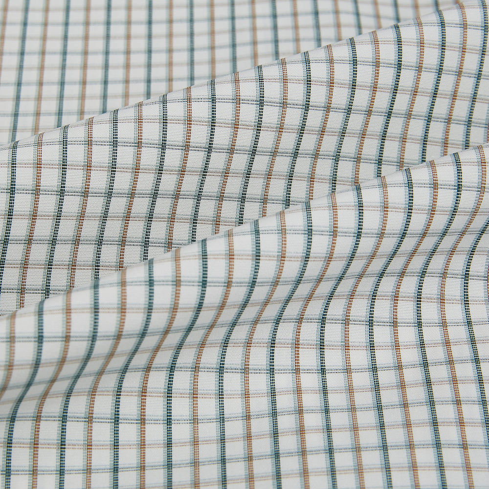 The Green and Brown Multi Check Mayfair Shirt by Turnbull & Asser, crafted from Italian cotton with a classic collar and buttoned cuffs, is laid flat on a white background.