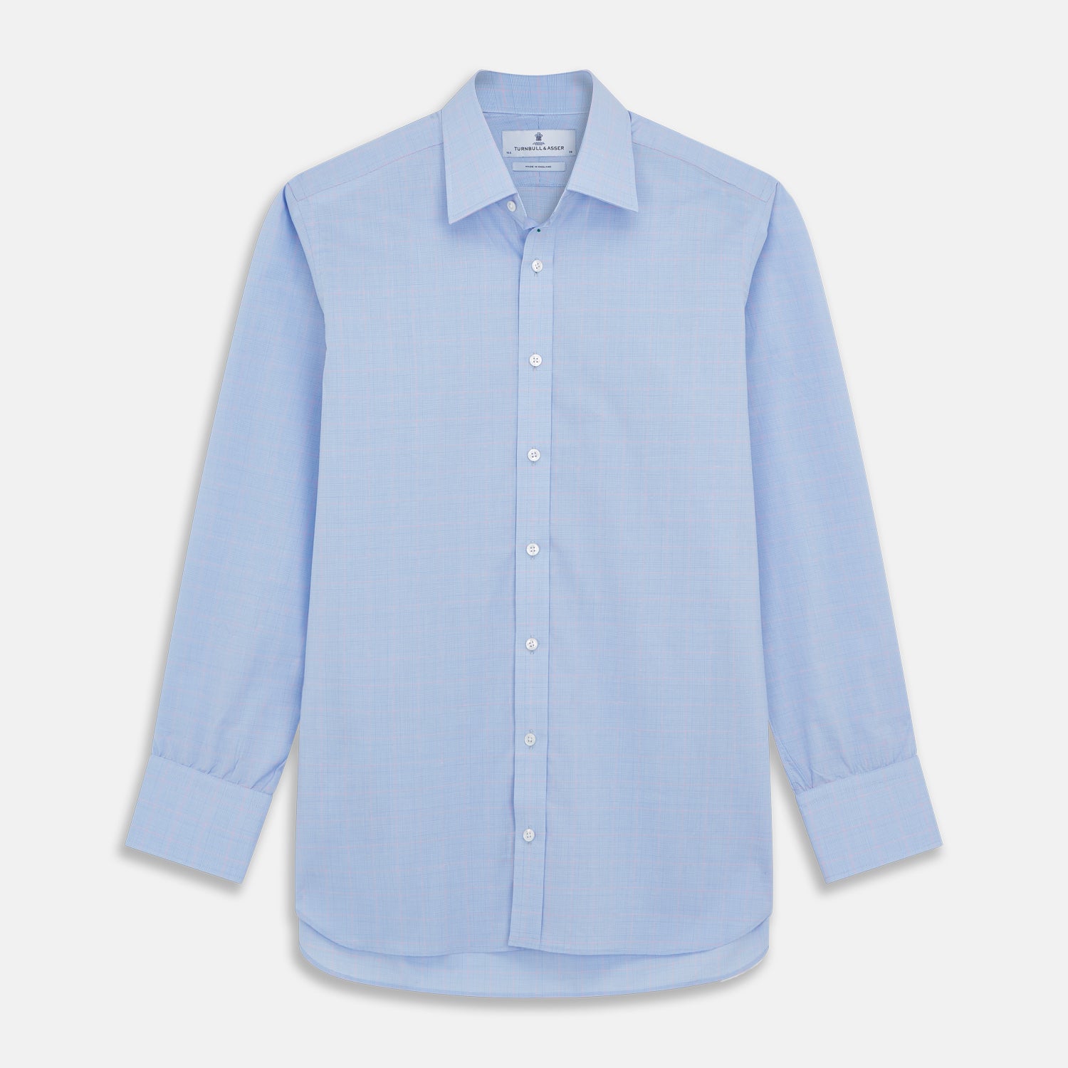 View 1 of product A Turnbull & Asser Blue and Pink Prince of Wales Check Mayfair Shirt with long sleeves, classic collar, buttoned front and cuffs, is neatly laid flat on a white background.