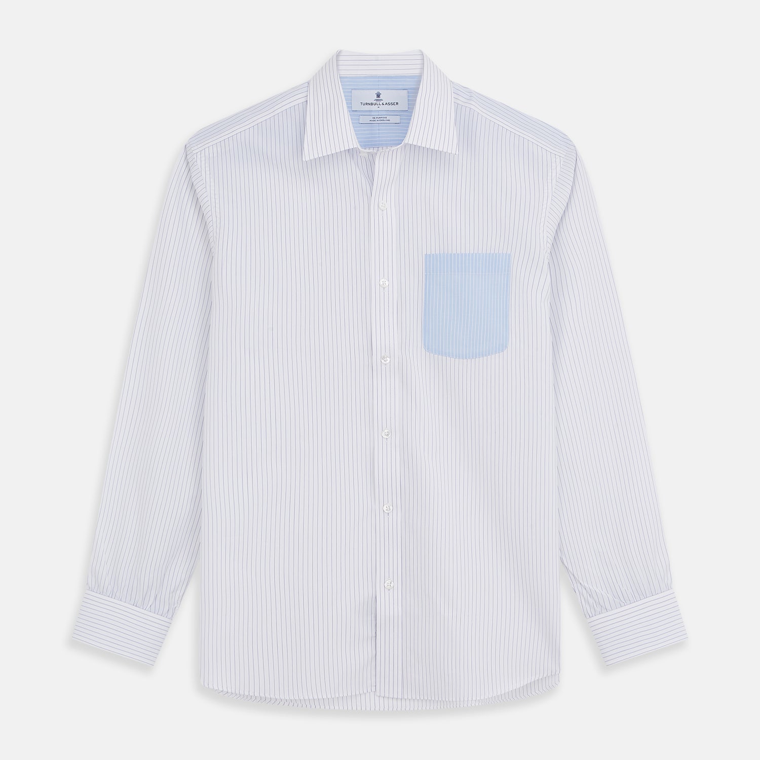 View 1 of product The White and Blue Stripe Cotton RE-PURPOSE Weekend Fit Finch Shirt by Turnbull & Asser features long sleeves, thin blue stripes, a light blue chest pocket, and is crafted sustainably.