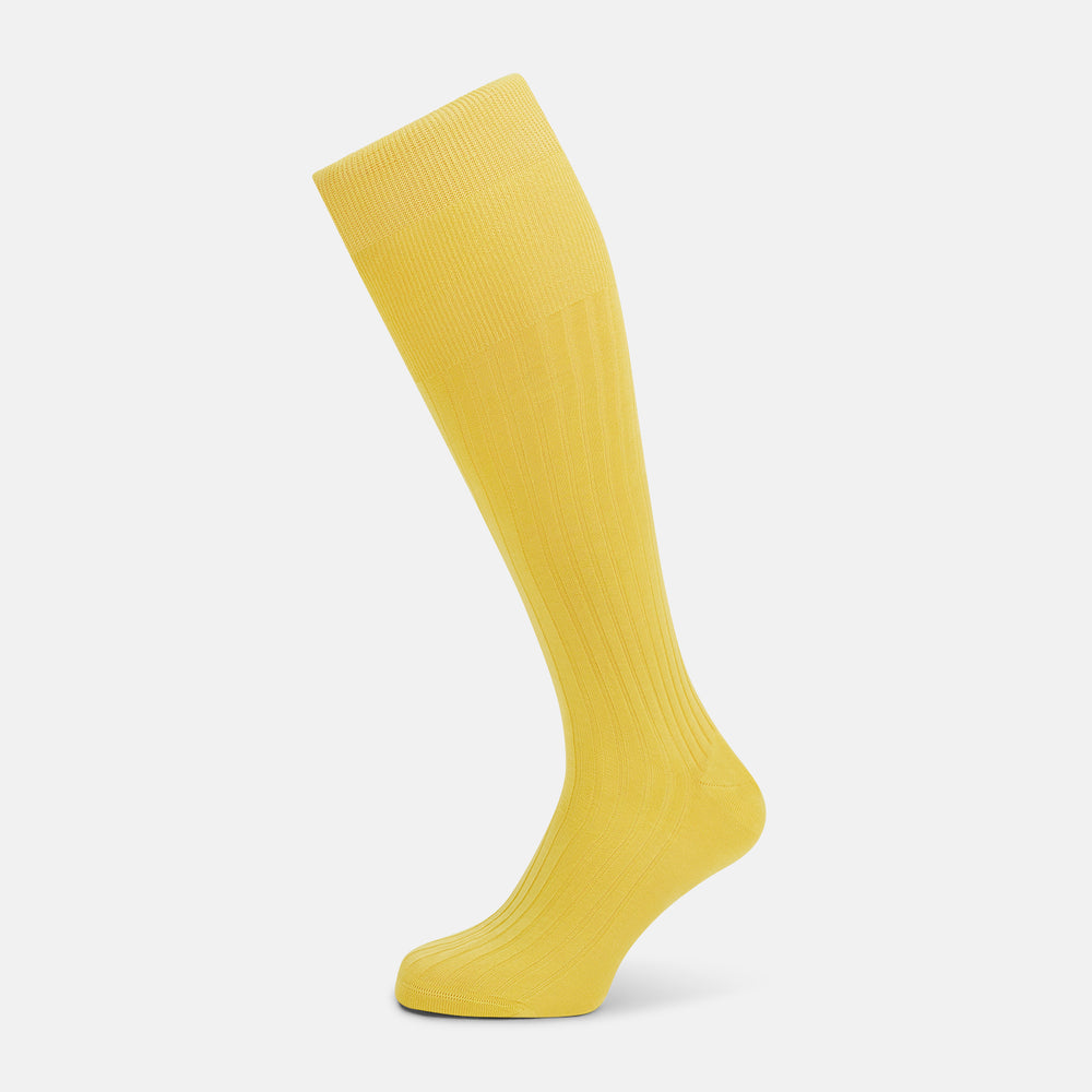 A single Chartreuse Lemon Long Sock by Turnbull & Asser, knee-high with a ribbed texture and made from luxurious Egyptian cotton, is displayed against a plain white background.