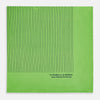 View 4 of product The Fern Green Stripe Silk Pocket Square by Turnbull & Asser features thin black vertical stripes, celebrates British heritage, and is inscribed “TURNBULL & ASSER HAND PRINTED IN ENGLAND” in one corner; one corner is folded inward.