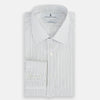 View 5 of product The Turnbull & Asser Blue Multi-Tone Double Pinstripe Mayfair Shirt, crafted from premium Italian cotton with a pointed collar, buttoned cuffs, and long sleeves, is shown on a plain white background.