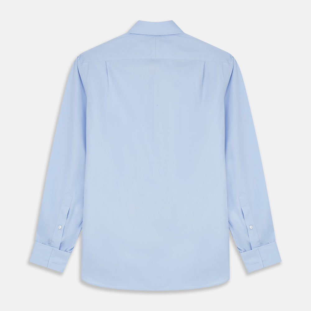 The Turnbull & Asser Tailored Fit Blue Cotton Shirt features a Kent collar and double cuffs—ideal for pairing with a navy suit for a sharp look.