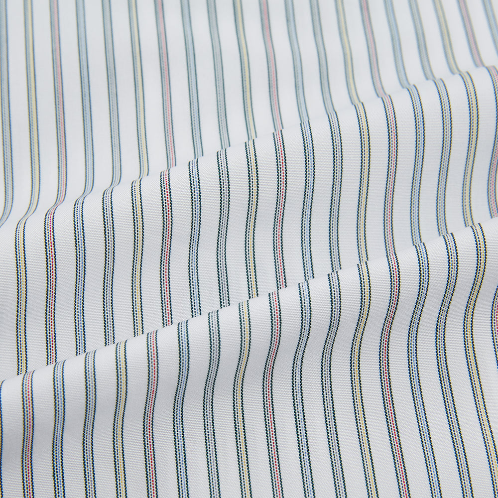 A Forest Green with Multicoloured Music Stripe Mayfair Shirt by Turnbull & Asser, featuring long sleeves, a signature T&A collar, and buttoned cuffs, laid flat on a white background.