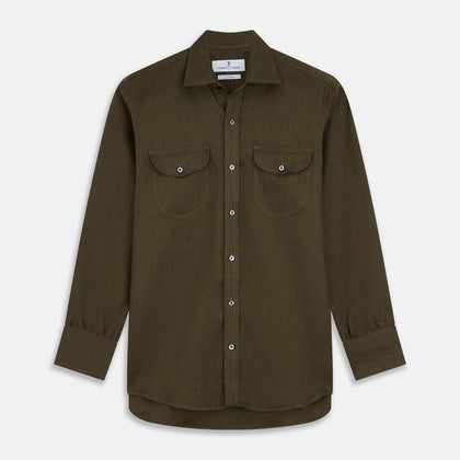Khaki Green Linen Weekend Fit Langston Shirt