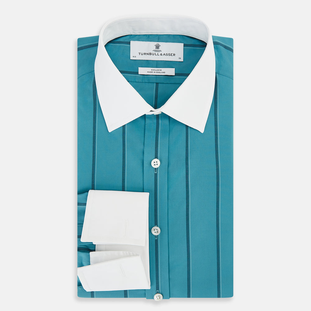 The Turnbull & Asser Turquoise Track Stripe Shirt features a Mayfair fit, contrast white T&A collar and double cuffs, black vertical stripes, and long sleeves, displayed flat on a light background.