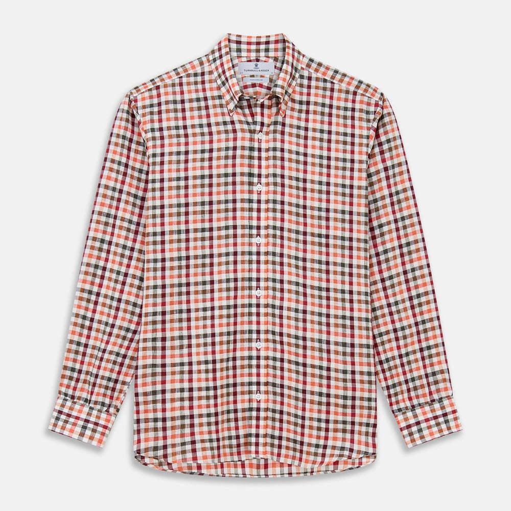 Close-up of Turnbull & Asser's Red and Green Check Linen Blend Fabric displayed in a circular frame against a white background.