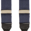 View 5 of product Turnbull & Asser Navy & White Small Spot Adjustable Silk Braces feature black leather loops and silver clasps—timeless accessories displayed on a white background.