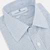 View 2 of product The Turnbull & Asser Sky Blue Shadow Pinstripe Mayfair Shirt, a long-sleeved, button-up shirt with a T&A collar and light blue and white thin vertical stripes, is displayed flat on a white background.