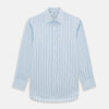 View 1 of product The Turnbull & Asser Navy and Blue Combination Stripe Mayfair Shirt, featuring thin vertical stripes and a classic collar, is displayed laid flat on a white background.