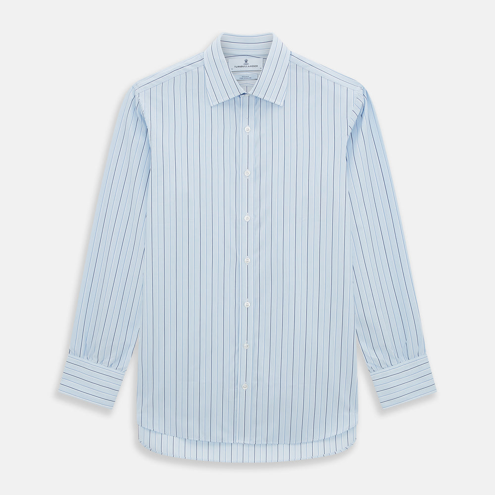 The Turnbull & Asser Navy and Blue Combination Stripe Mayfair Shirt, featuring thin vertical stripes and a classic collar, is displayed laid flat on a white background.