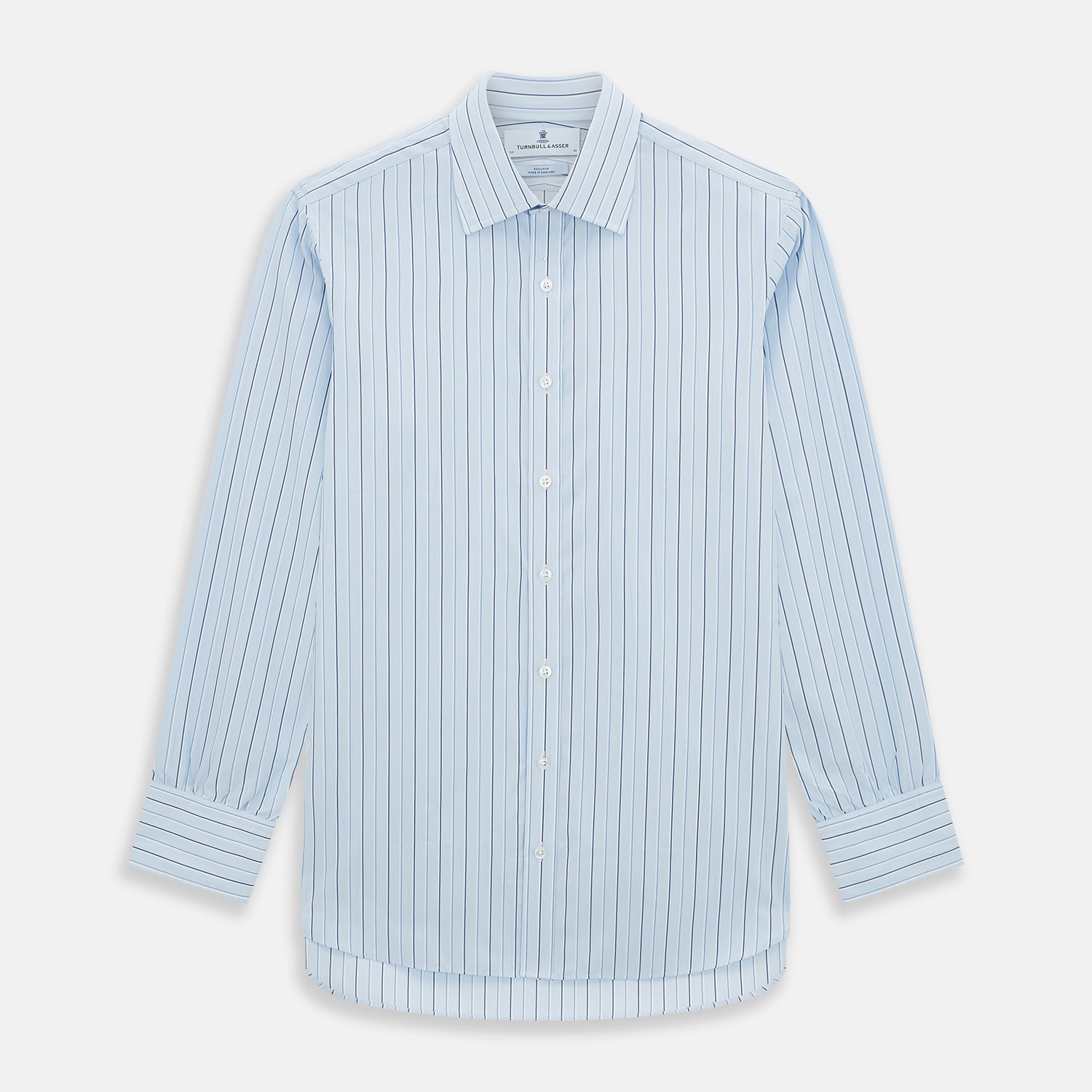 View 1 of product The Turnbull & Asser Navy and Blue Combination Stripe Mayfair Shirt, featuring thin vertical stripes and a classic collar, is displayed laid flat on a white background.