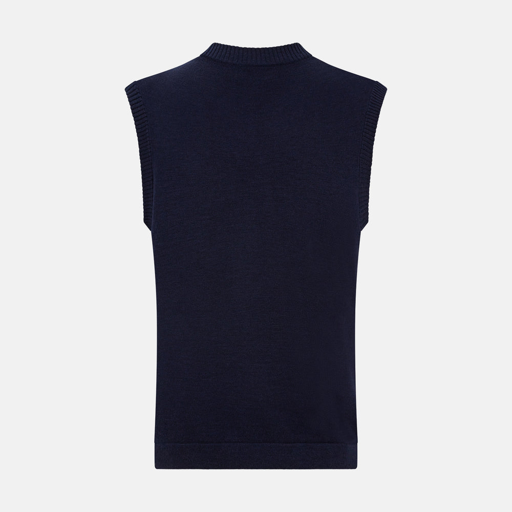 The Turnbull & Asser Navy Fine Merino V-Neck Vest is a sleeveless sweater exuding sophistication with its classic design, shown on a plain white background.