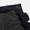 View 2 of product The Turnbull & Asser Navy and Cream Dot Silk Pocket Square features small cream dots, a border design, and displays handmade craftsmanship with one corner folded to show the reverse side.