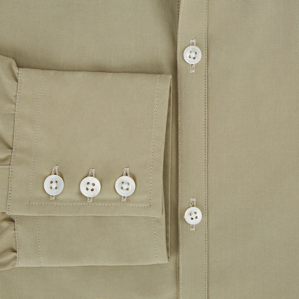The TAUPE WINDSOR SHIRT by Turnbull & Asser features a Windsor collar and buttoned cuffs. This long-sleeve shirt showcases refined British design and is displayed flat on a white background.