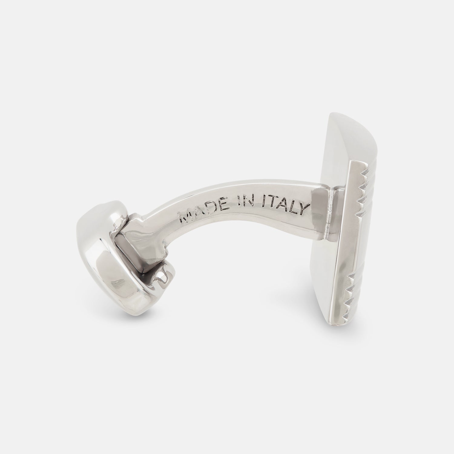 View 2 of product Turnbull & Asser Silver Striped Rectangular Cufflinks feature a subtle horizontal engraved line pattern on the front, set against a white background.