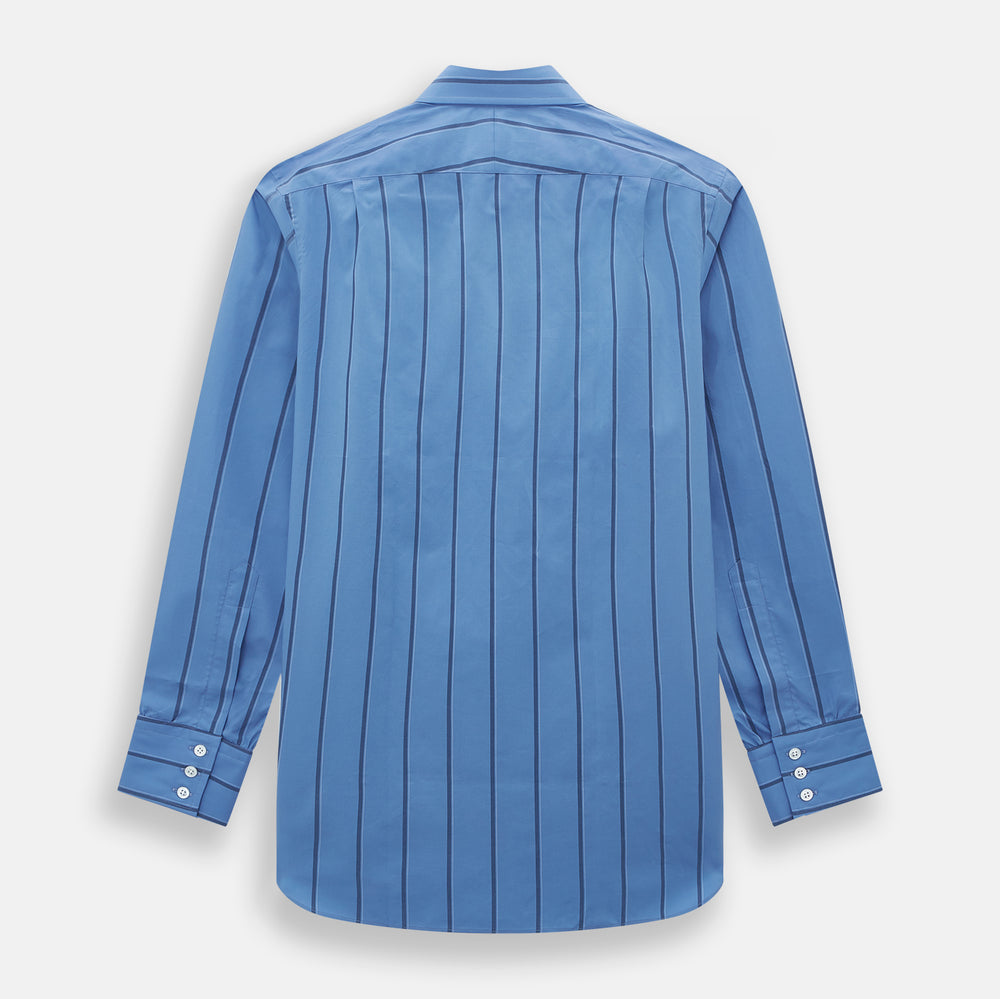The Turnbull & Asser Colony Blue Track Stripe Mayfair Shirt is crafted from Italian cotton with long sleeves, dark blue track stripes, a classic collar, and buttoned cuffs, shown against a white background.