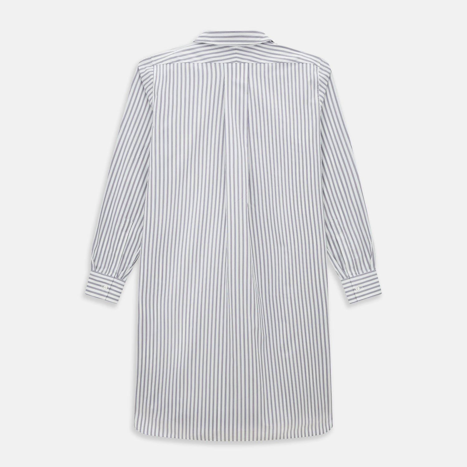 View 3 of product The Turnbull & Asser Purple Multi Stripe Quarzo Nightshirt features a collared, button-front design with a chest pocket and vertical white and light gray stripes, shown laid flat on a white background.