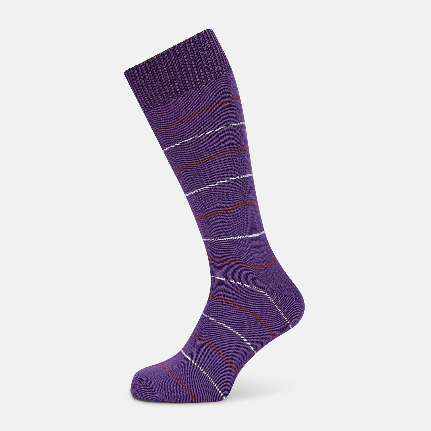 View 1 of product The Purple Striped Mid-Length Socks by Turnbull & Asser feature thin white and reddish-brown stripes on a purple background—ideal for fans of stylish striped socks.