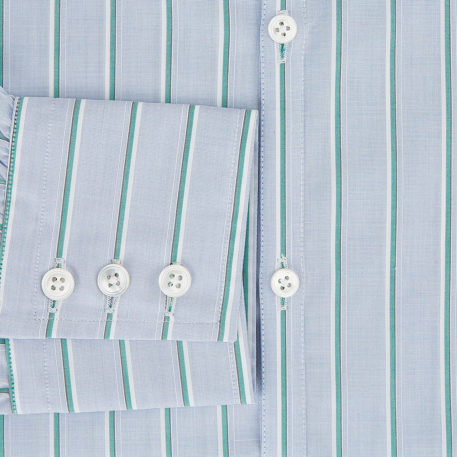 Image 4 of product Blue and green multi-stripe Westminster shirt by Turnbull & Asser, featuring a pointed collar and buttoned cuffs—a refined example of British craftsmanship on a plain white background.