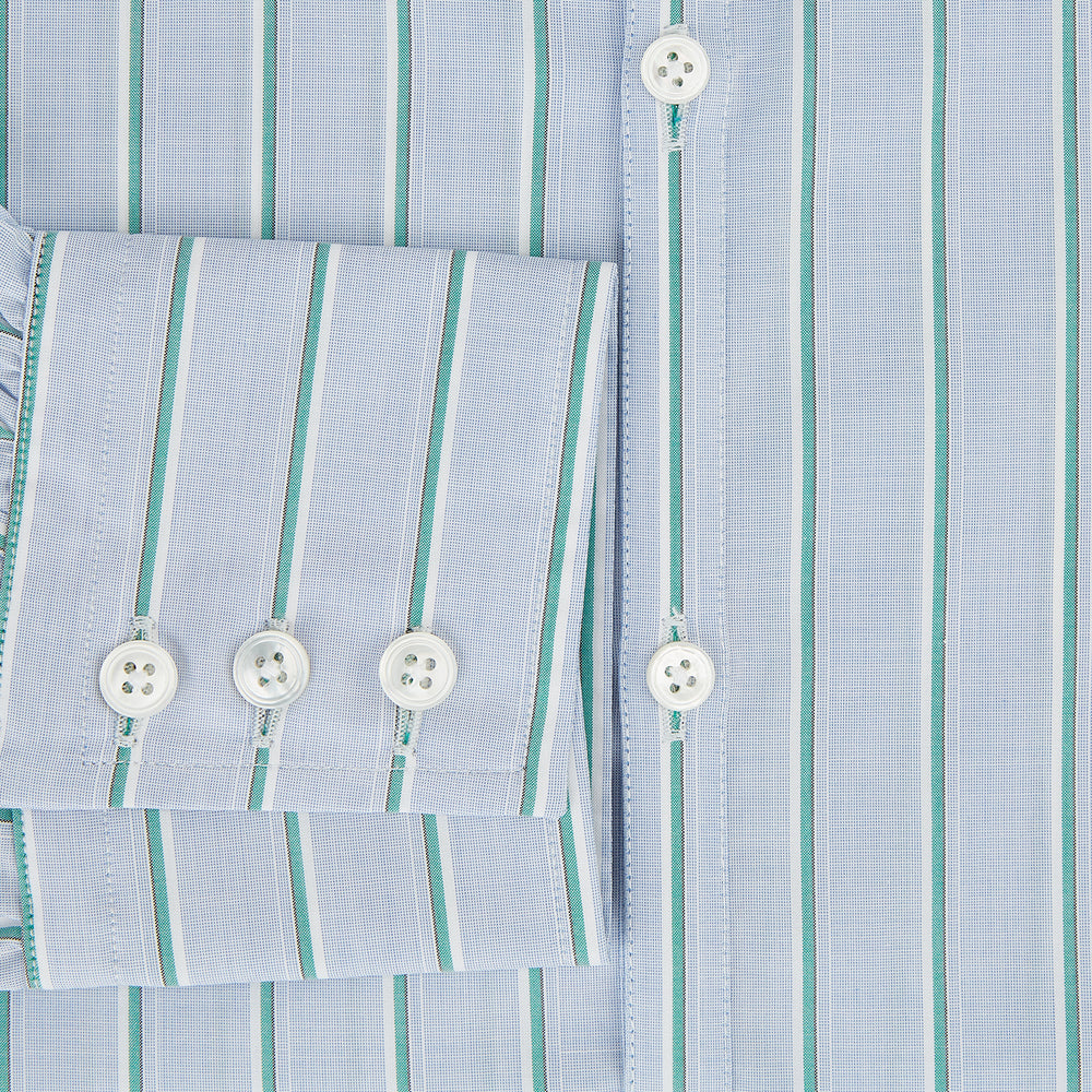 Blue and green multi-stripe Westminster shirt by Turnbull & Asser, featuring a pointed collar and buttoned cuffs—a refined example of British craftsmanship on a plain white background.