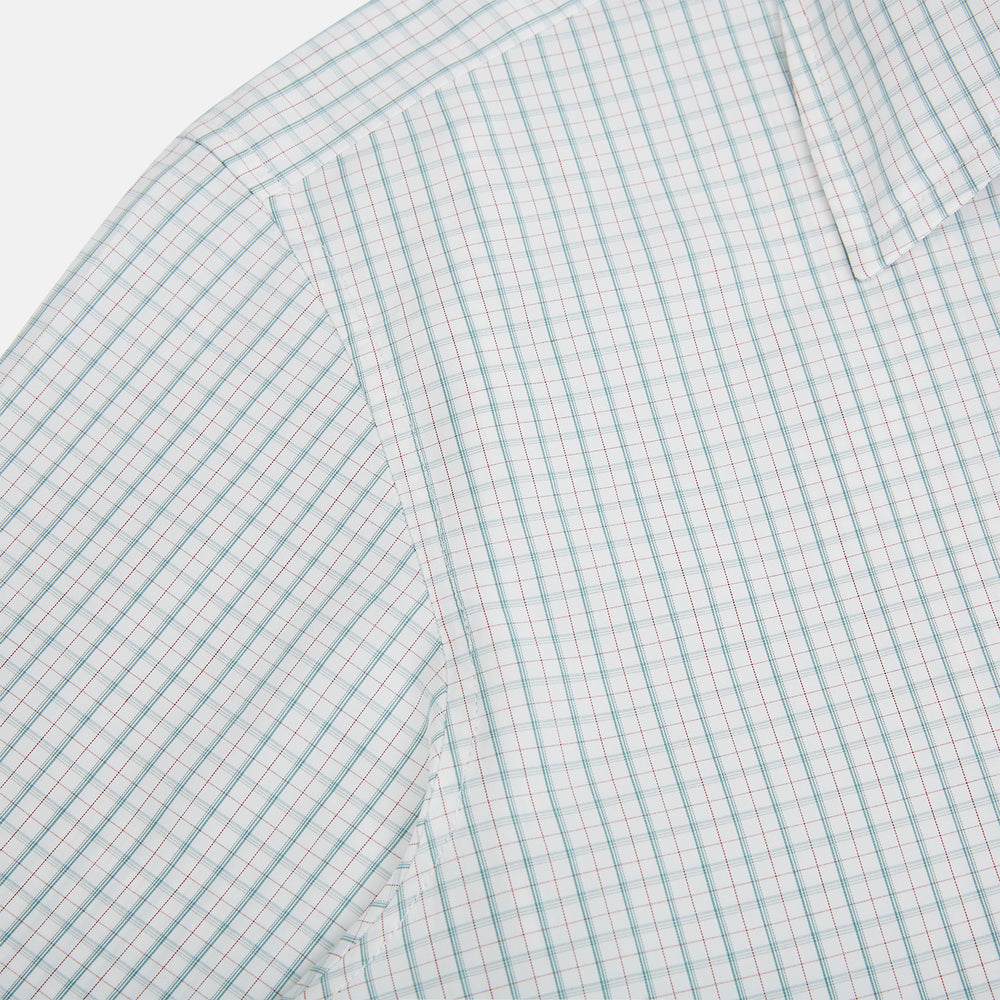 The Turnbull & Asser Turquoise and Red Ticking Stripe Windsor Shirt, featuring a classic collar and buttoned cuffs, is displayed flat against a white background.