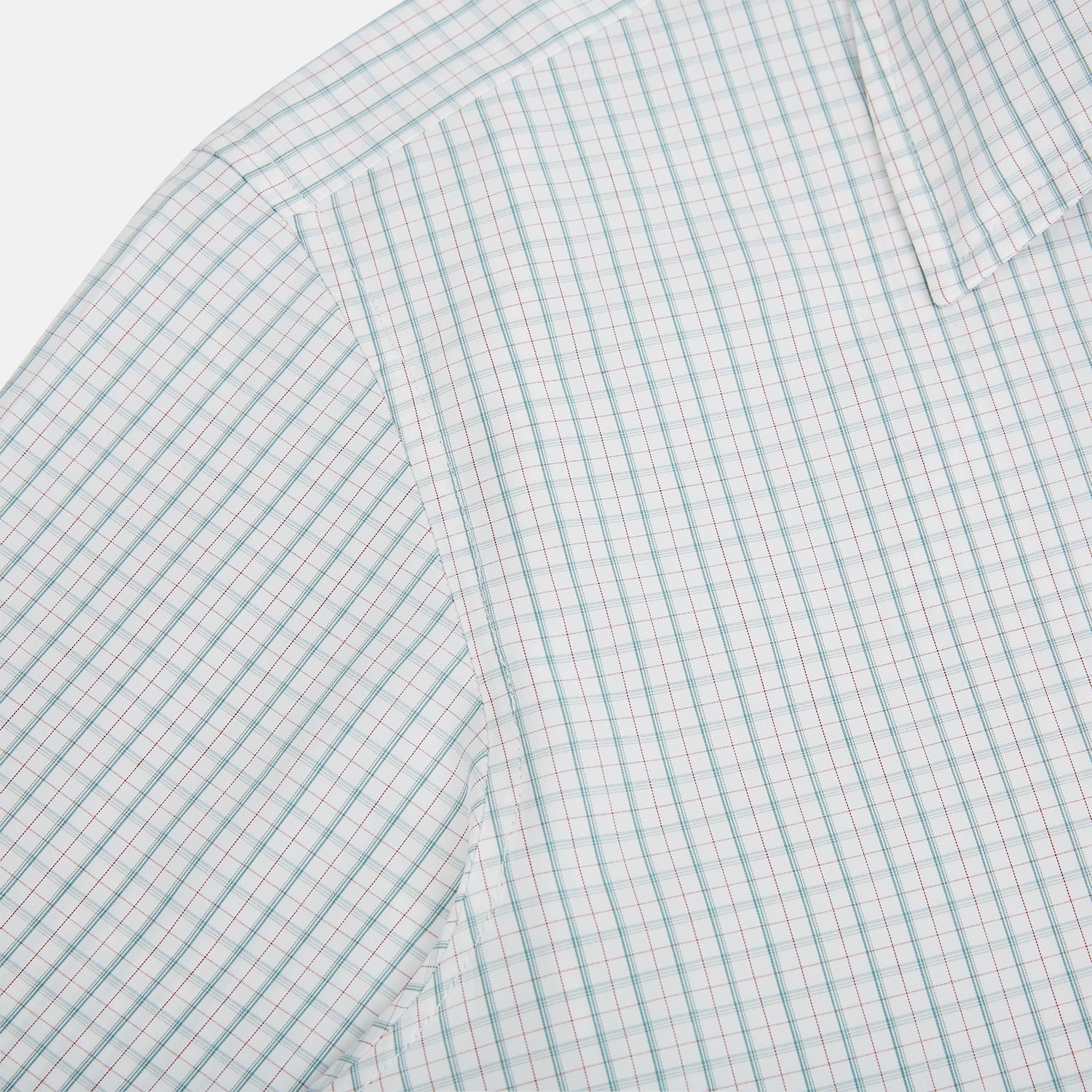 View 6 of product The Turnbull & Asser Turquoise and Red Ticking Stripe Windsor Shirt, featuring a classic collar and buttoned cuffs, is displayed flat against a white background.