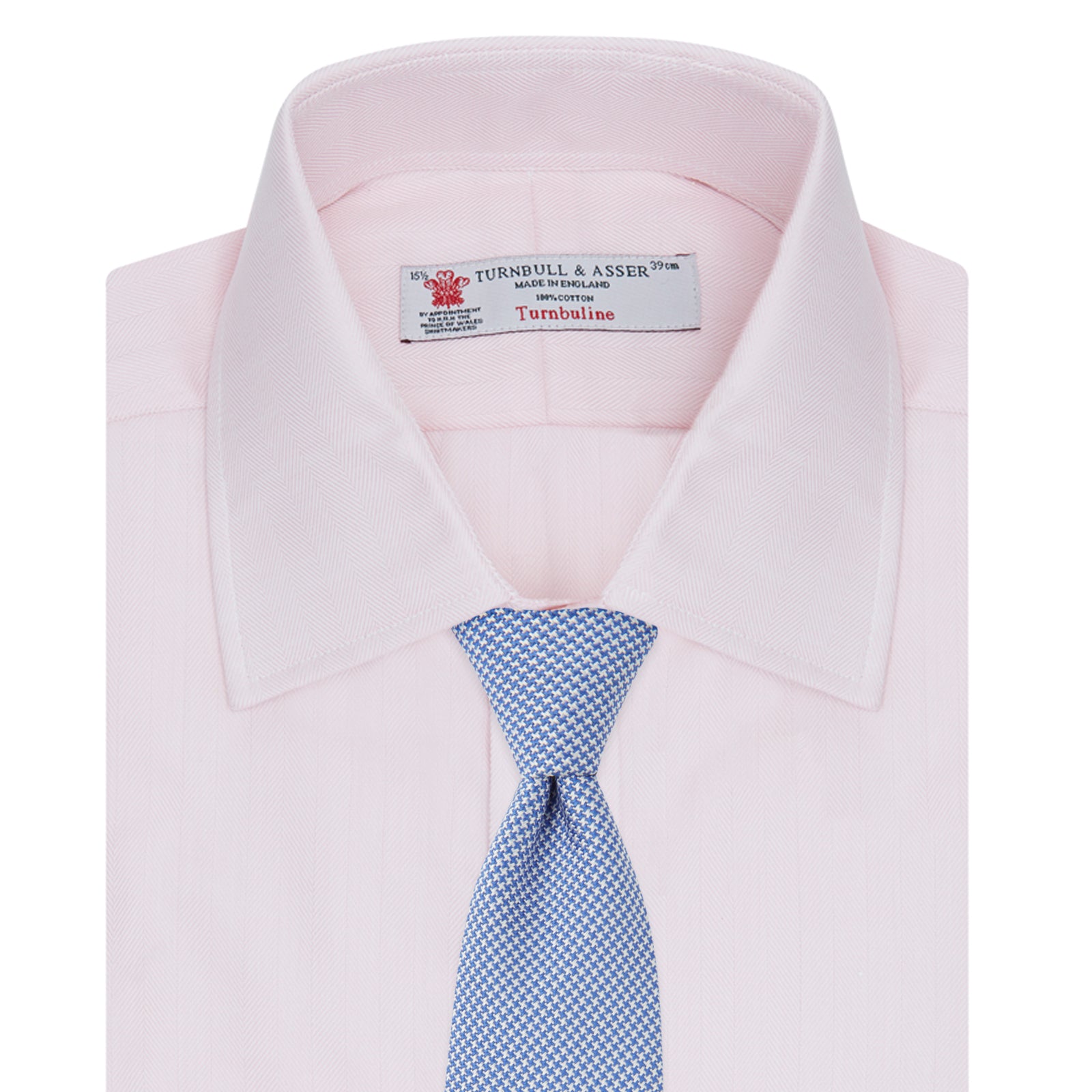 View 4 of product The Turnbull & Asser Pink Herringbone Superfine Cotton Shirt features a T&A collar, double cuffs, and clean-cut design, displayed neatly folded against a white background.