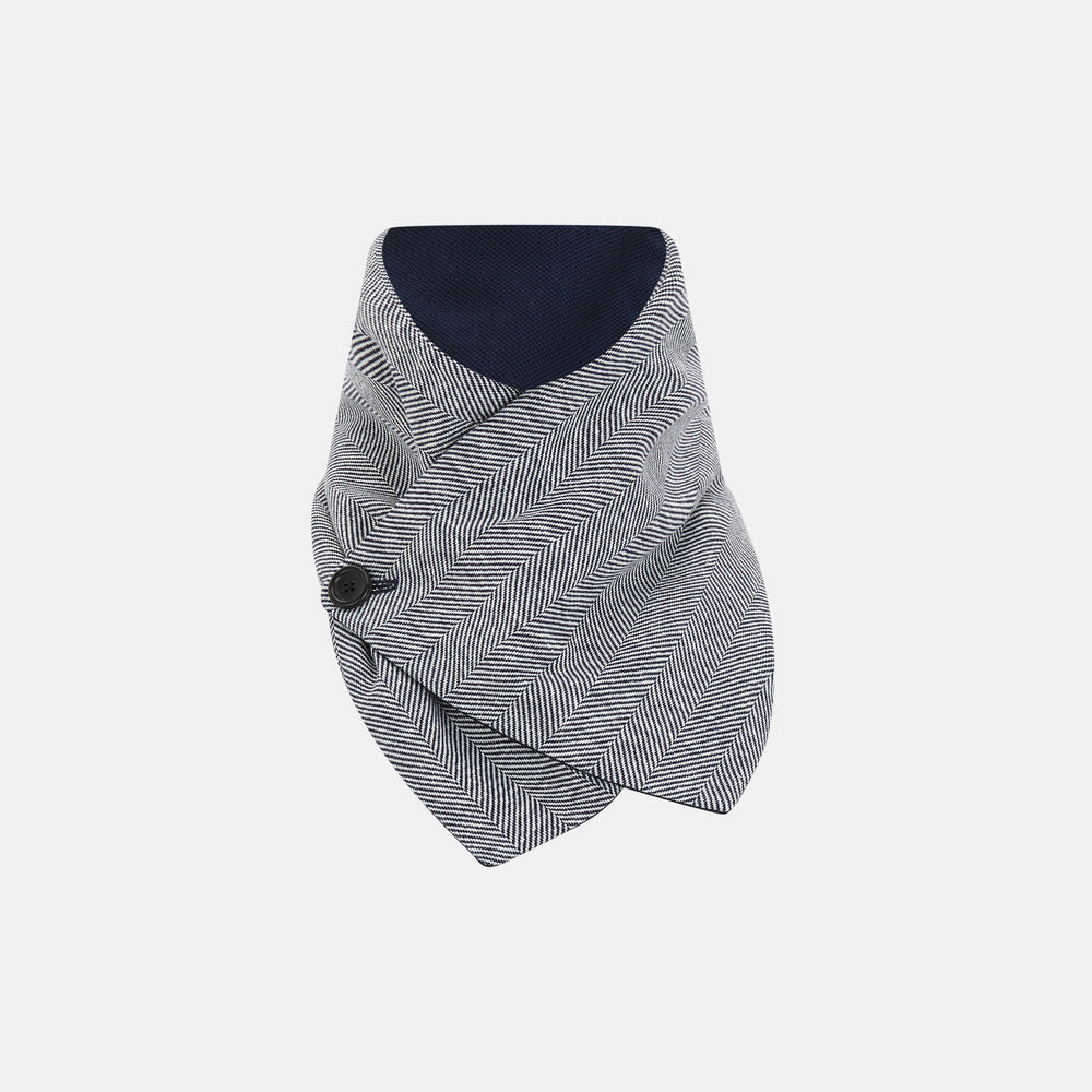 The Turnbull & Asser Navy Herringbone Silk and Linen Neck Warmer features a grey and white pattern, button closure, and dark navy lining—a refined formal accessory for any wardrobe.