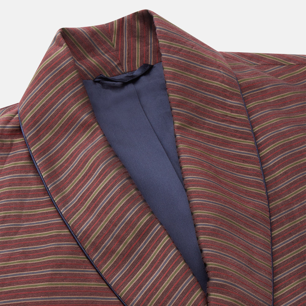 The Turnbull & Asser Claret and Green Multi Stripe Silk and Linen Blend Pierce Gown features a long robe style, matching belt, long sleeves, and front pockets, shown laid flat on a white background.